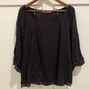Solitaire Top Women 1X Black Blouse Crochet Embroidered Peasant Flowy Tunic READ